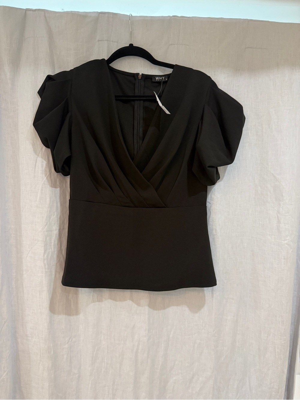 Black Women's faux wrap top with dramatic sleeve with Tag - Size M